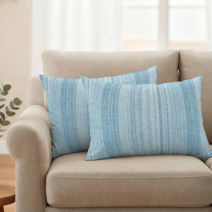 Abstract Blue Outdoor Pillow Covers 20"x12" Set of 2, Rustic Farmhouse Minimalist Blue Vertical Striped Lines Waterproof Throw Pillow Covers for Patio Furniture, Decorative Cushion Covers for Porch