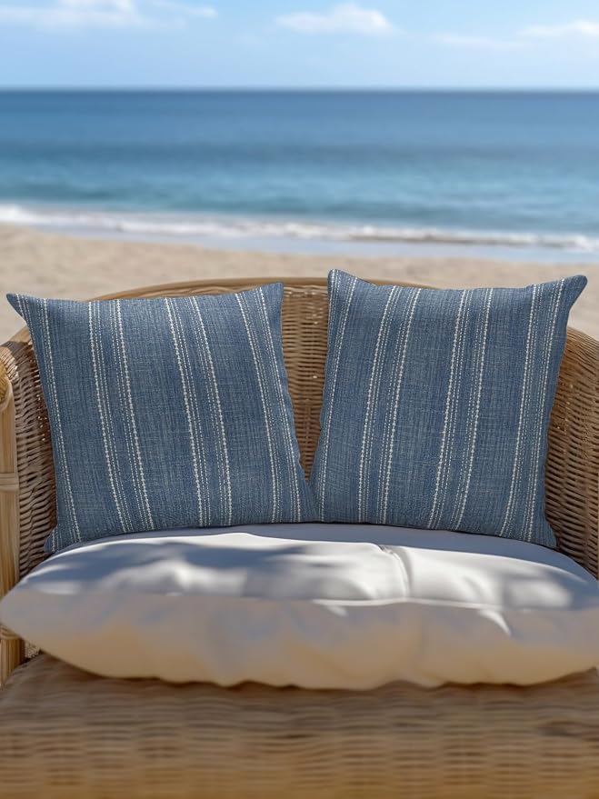 Vandarllin Waterproof Outdoor Pillow 1 Pack Denim Blue Linen Stripes Decorative Throw Pillows Cover & Insert 18x18 Inch Pillowcase Parallel Vertical Lines Pillows for Couch Sofa Bed Patio Furniture