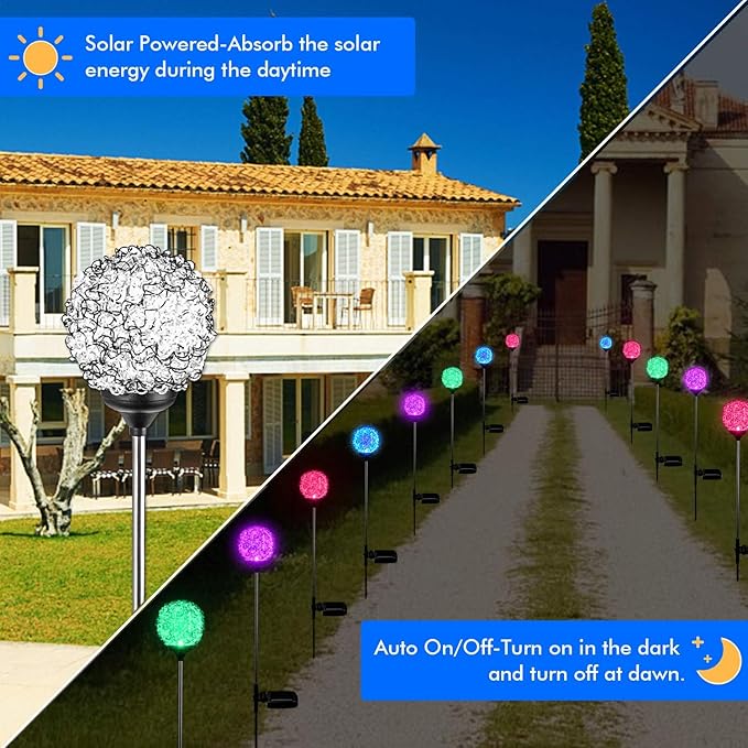Solar Garden Lights Outdoor, Upgraded Globe Powered Garden Light, Multi-Color Changing LED Solar Stake Lights for Patio Backyard Pathway Party Decoration (Stainless Steel, 6 Pack)