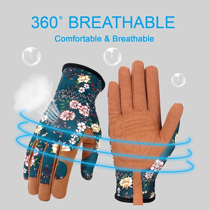 Bamllum Gardening Gloves for Women, Leather Garden Gloves | Breathable Garden Gloves with a Padded Palm, Flexible Fit and Elastic Wrist for Weeding, Digging, Planting and Pruning
