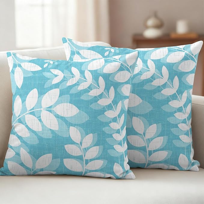 Light Blue Leaves Outdoor Waterproof Throw Pillow Covers 26x26 Set of 2, Farmhouse Botanical Branch Vintage Boho Leaf Decorative Pillowcases Cushion Pillowcase for Couch Sofa Patio Pillow Protector