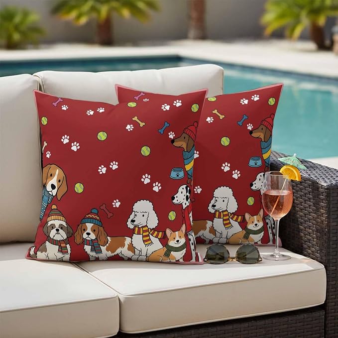Cartoon Dogs Outdoor Pillow Covers 26x26 Inch Throw Pillow Covers Set of 2 Waterproof Decorative Pillow Cases Red Cute Animals Dogs Paws Prints Cushion Covers for Patio Furniture Garden Couch Sofa