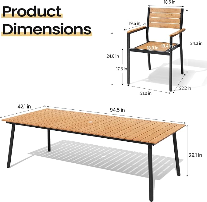 11-Piece Outdoor Dining Set for 10 Person with Teak Wood-Grain Top | Armrest Stackable Chairs with 19.4" Seat Depth, Aluminum Frame Dining Furniture with Umbrella Hole for Deck, Porch & Backyard