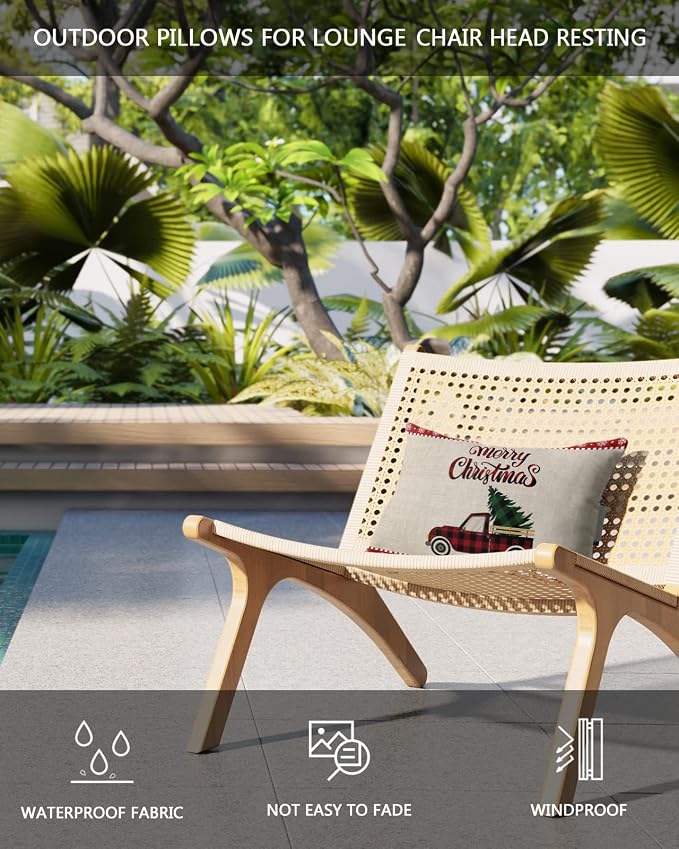 Outdoor Pillows Covers with Inserts Merry Christmas Buffalo Check Plaid Truck Tree Waterproof Pillow with Adjustable Strap Throw Pillows for Patio Furniture Recliner Lounge Chair, 11x16 inch, 1PCS