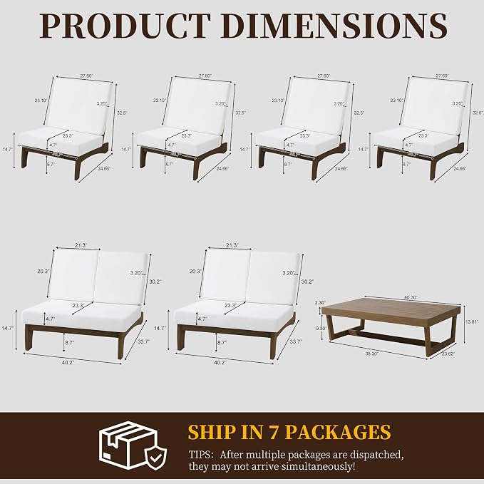 7 Pieces All Weather Wood Patio Furniture Sets, 2 Patio Loveseat, 4 Patio Bistro Chair, Outdoor Sectional Sofa Furniture Backyard Conversation Set with Coffee Table - Beige