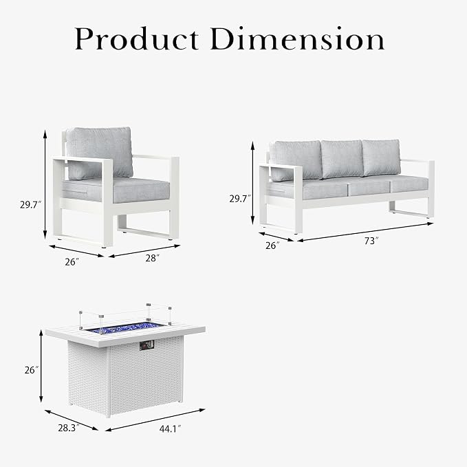 LayinSun 4 Pieces Aluminum Outdoor Patio Furniture Set, Metal Modern Conversation Sofa Set with Fire Pit Table and Washable Thick Cushions for Porch, Backyard, Deck