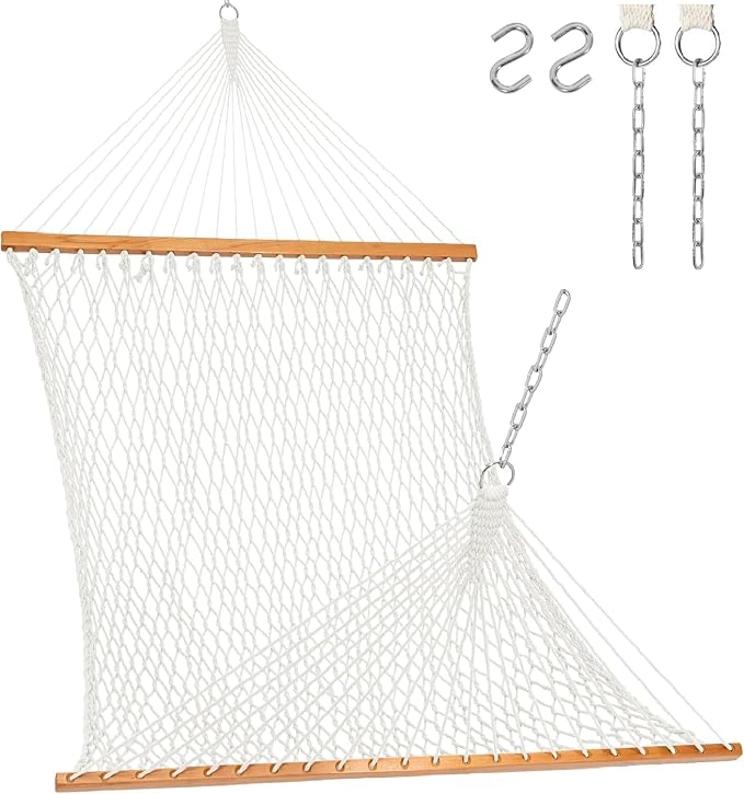 Lazy Daze Hammocks Double Rope Hammock, 12 Ft Traditional Hand Woven Cotton Rope Hammock with Spreader Bar, Carabiners, Tree Straps, Chains