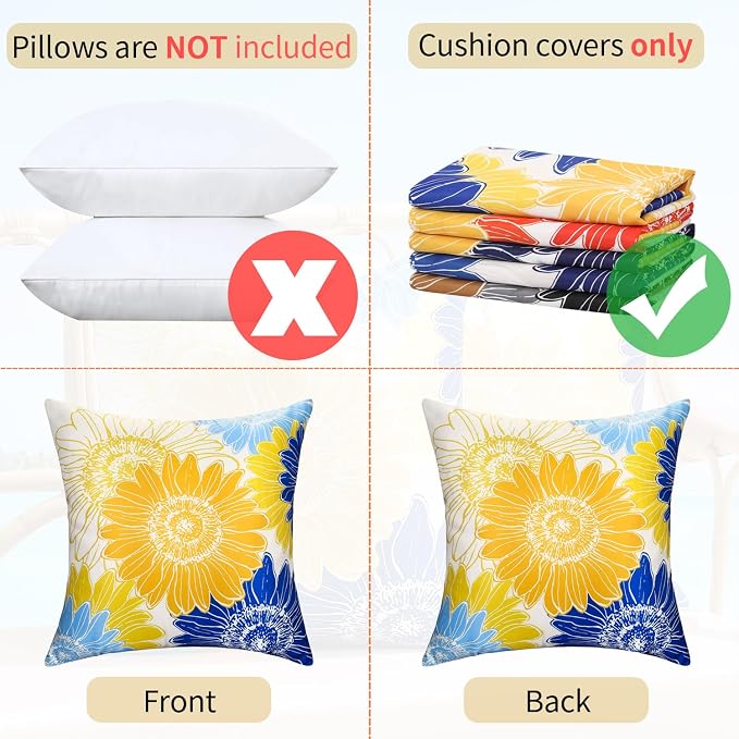 Outdoor Waterproof Pillow Covers Summer Floral Throw Pillow Covers 20x20 Decorative Square Yellow Blue Sunflower Garden Cushion Throw Pillowcase Set of 2 for Patio Furniture Garden Tent Balcony Bench