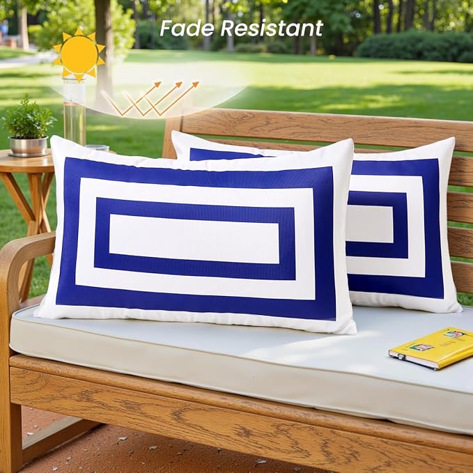 JOJOGOGO 12x20 Navy Blue Frame Outdoor Lumbar Pillow Covers Waterproof & Sunproof Set of 2, White and Navy Outdoor Decorative Lumbar Throw Pillows for Patio Furniture and Porch Decor(Without Inserts)