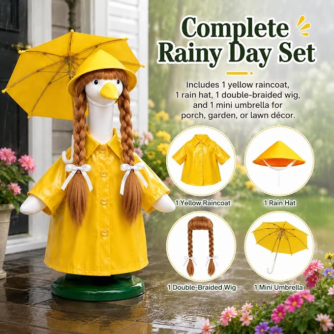 Porch Goose Raincoat Outfit 4 Pieces Summer Porch Goose Outfit with Brown Braided Wig Rain Hat Umbrella Rainy Day Clothes Decor for Lawn Goose Statues