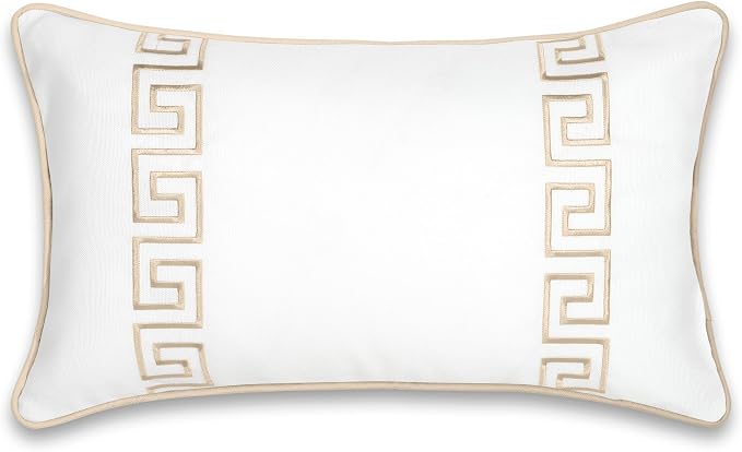 Hofdeco Premium Coastal Patio Indoor Outdoor Lumbar Pillow Cover Only, 12"x20" Water Repellent for Backyard, Couch, Neutral Tan Embroidered Greek Key with Piping (Pack of 2)
