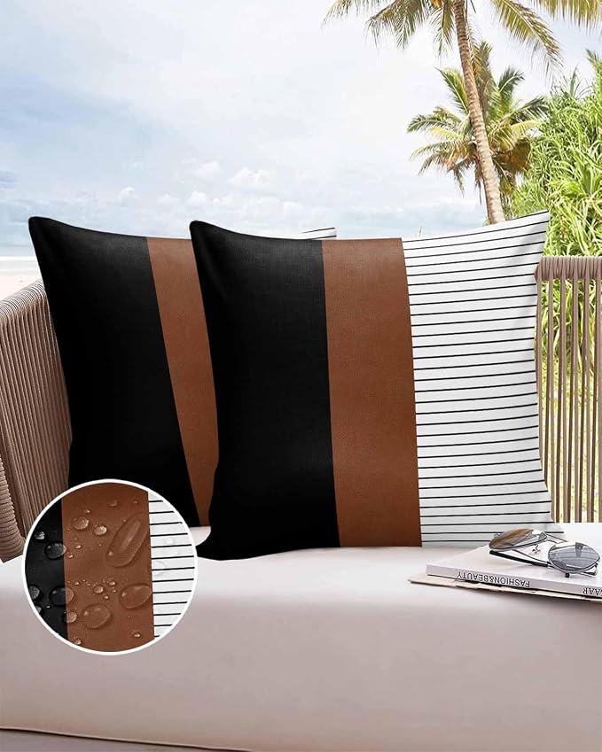 Outdoor Waterproof Throw Pillow Covers 24x24in, Farmhouse Mid Century Cushions for Patio Garden Furniture Chairs Set of 2, Boho Stripes Texture Home Decor Couch Sofa Polyester Pillow Cases