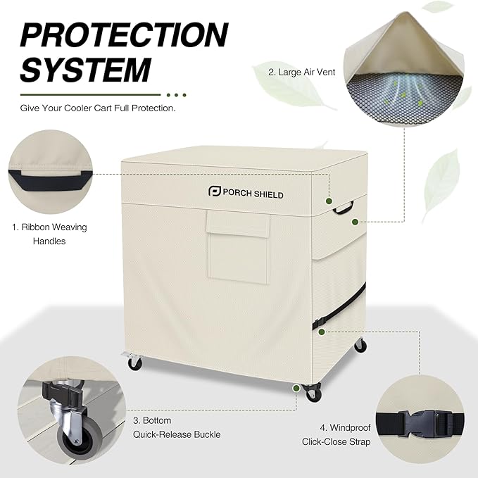 Porch Shield Waterproof Rolling 80-100 Qt Cooler Cart Cover Fits Most Patio Ice Chest Party Cooler (Light Tan, 40"L x 20"W x 32"H)