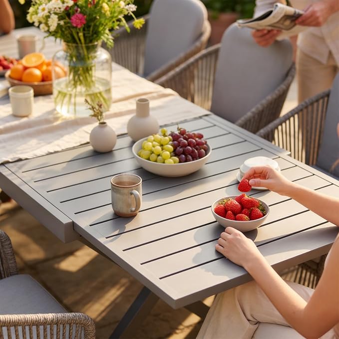 SUNSITT 9 Piece Outdoor Patio Dining Set, 65" - 107" Metal Expandable Outdoor Dining Table with X-Shape Legs, 8 Woven Wicker Outdoor Patio Chairs w/Curved Armrest for Garden, Dark Grey