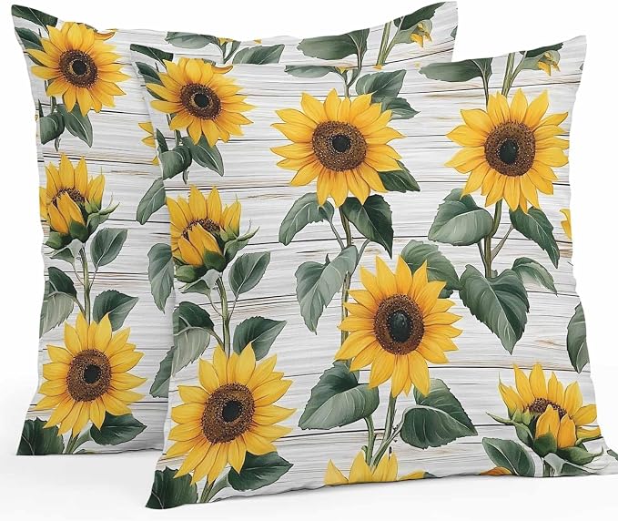 Country Sunflowers Waterproof Outdoor Pillow Covers Set of 2 Home Decor, Retro Pastoral Floral Wooden Plank Pillowcase Patio Pillow Covers for Couch Bench Furniture Garden 16x16in