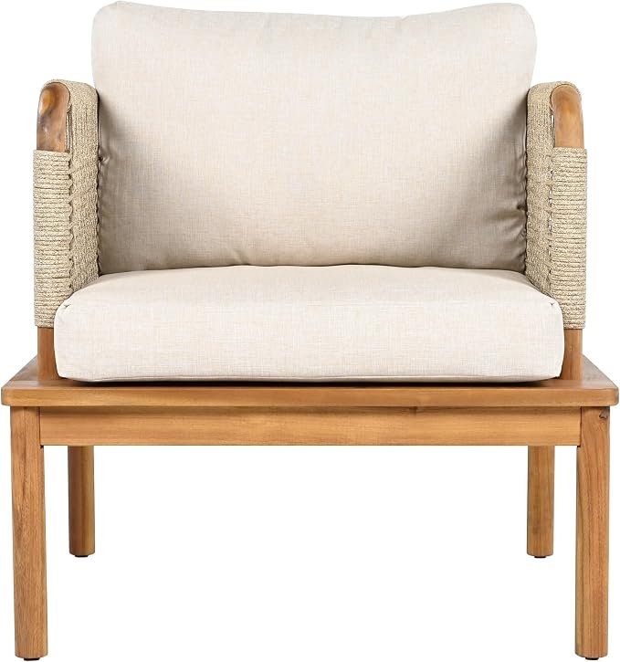 JIVOIT Outdoor Armchair, Acacia Wood and Rope Club Chair with Cushions, Mid Century Design Comfortable Single Armchair for Backyard Porch Garden Balcony
