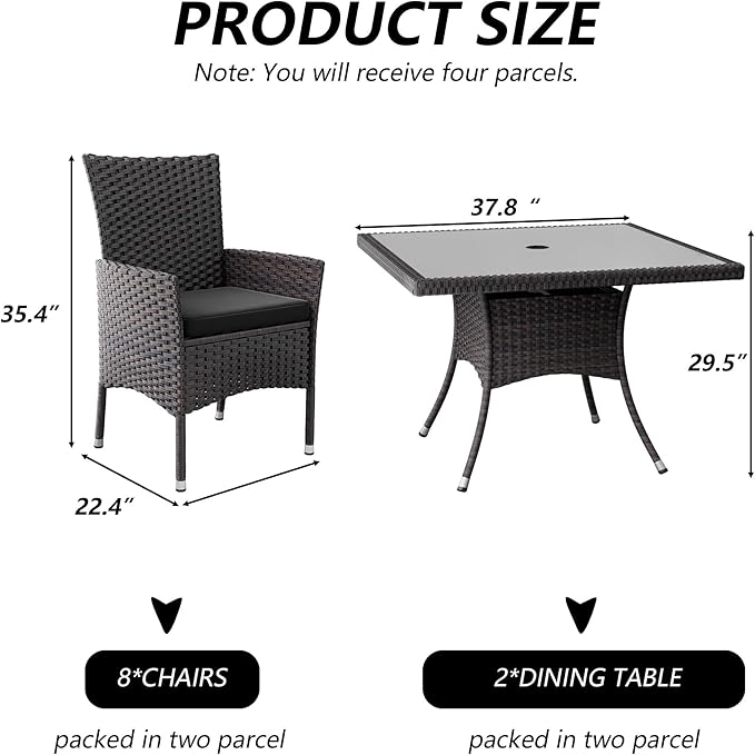 Kullavik 10 Pieces Outdoor Dining Set Patio Rattan Furniture Set,Patio Dining Table and Chairs Set with 8 Chairs and Cushions,Square Glass Tabletop with Umbrella Hole for Patio,Backyard,Grey