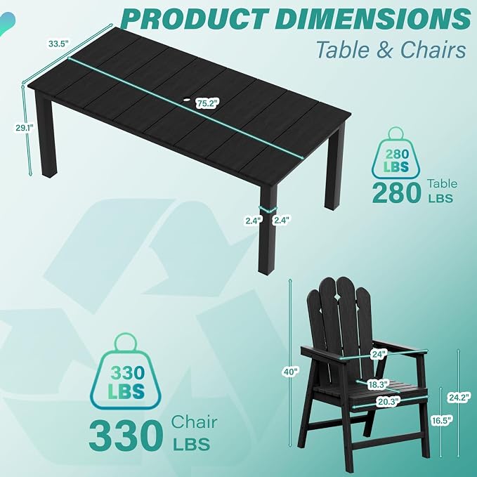 9 Piece Outdoor Dining Set for 8, Patio Table and Chairs, Black | 89.4” table,Large 8 person HDPE outdoor dining set, high back 304 stainless steel, weather resistant for long-term outdoor