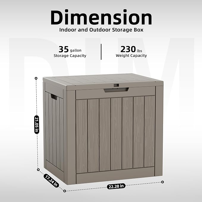DRATO 35 Gallon Outdoor Storage Box Waterproof, Lockable Resin Deck Box for Patio Furniture, Pool Supplies & Garden Tools, Weatherproof Outside Storage Bin for Backyard Porch (Grey, 35 Gallon)