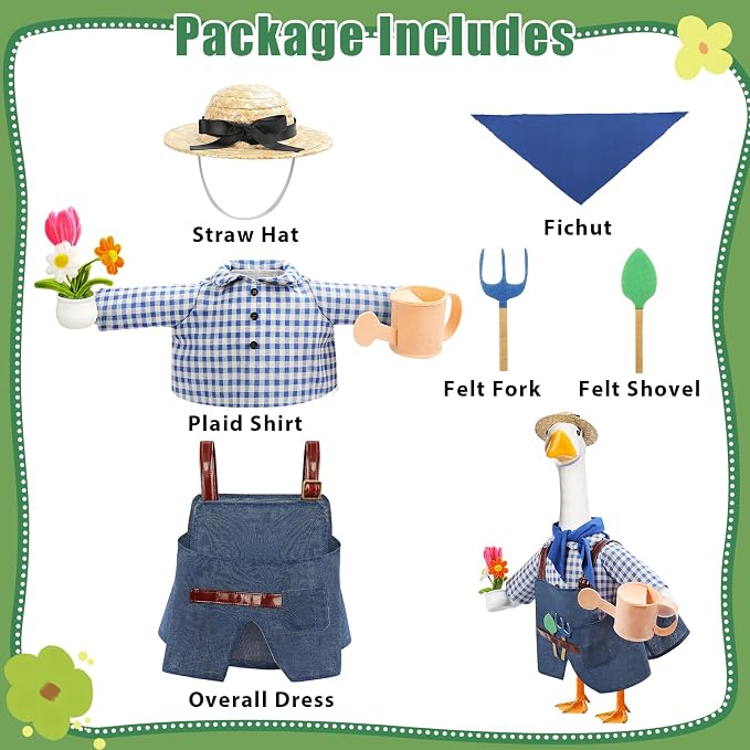 GJL Gardener Porch Goose Outfit Fits 23 Inch Cement Plastic Goose Statue, 2-Piece Porch Goose Clothes with Hat, Tools, Scarf, Watering Can & Flower Pot Design for Spring Summer Garden Yard Lawn Decor