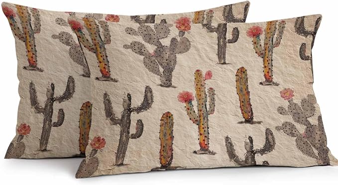 Vandarllin Outdoor Throw Pillows Covers 20x12 inch Set of 2 Waterproof Watercolor Cactus Decorative Zippered Cushion Covers for Patio Furniture, Abstract Floral Desert Lumbar Pillowcases