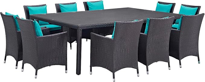 Convene 11 Piece Outdoor Patio Dining Set with Turquoise Cushions and Wicker Armchairs