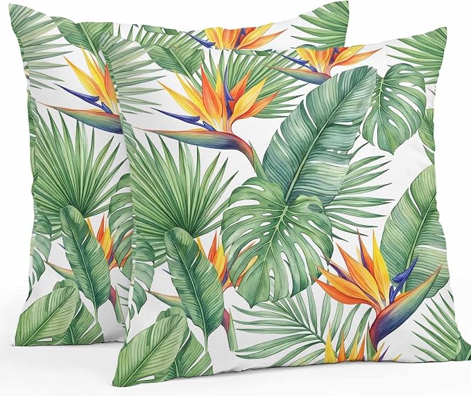 Tropical Plants Outdoor Pillow Covers 18x18 Inch Throw Pillow Covers Set of 2 Waterproof Decorative Pillow Cases Summer Palm Leaves Monstera Green Cushion Covers for Patio Furniture Garden Couch Sofa