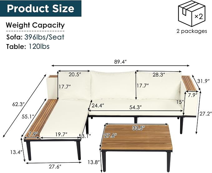 Luxury Patio Furniture Set with Removable Cushions and Coffee Table, L-Shaped Acacia Wood Sofa with Side Table, Outdoor Conversation Sectional Sofa for Backyard,Porch (Beige#51)