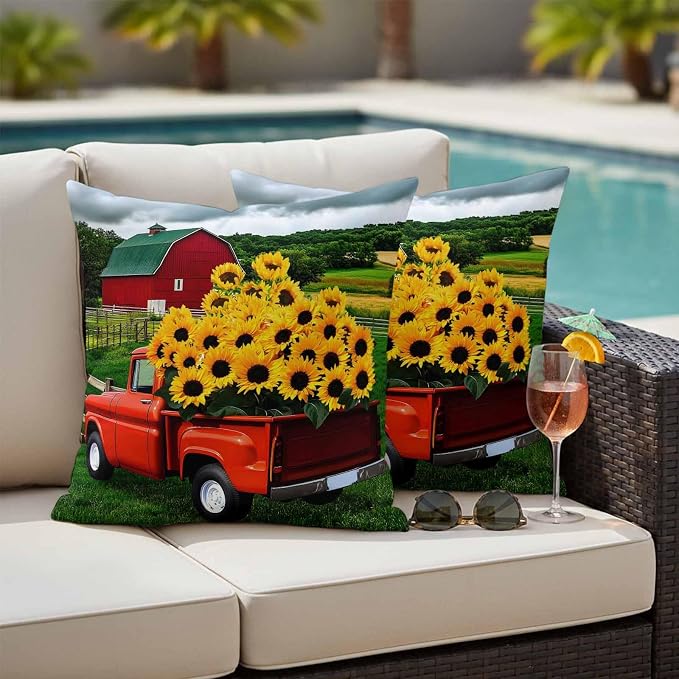 Waterproof Pillow Covers Set of 2 16x16 Inch Farmhouse Sunflower Outdoor Cushion Covers Farm Red Truck Decorative Pillow Cases for Patio, Sofa, Couch, Garden, Balcony