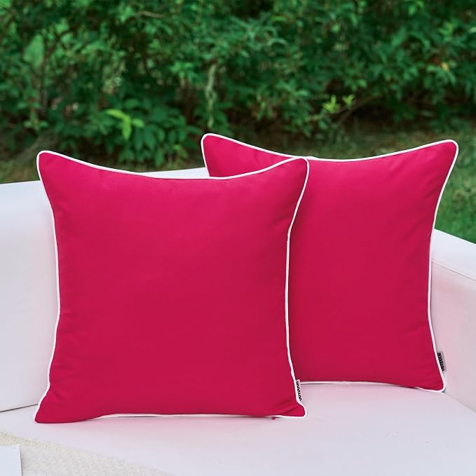 LIGICKY Pack of 2 Hot Pink Outdoor Waterproof Throw Pillow Covers Decorative White Edge Square Pillows Cushion Case Outside Pillowcase for Patio Couch Tent Sunbrella (18x18 inch)
