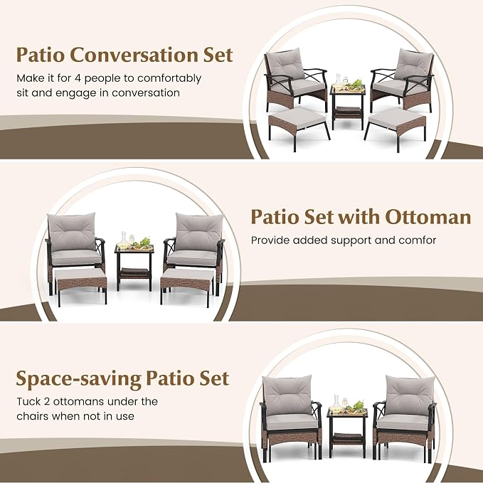 Tangkula 5 Pieces Wicker Patio Furniture Set, Outdoor Rattan Chairs with Ottomans, Cushions and 2-Tier Tempered Glass Side Table, Patio Conversation Bistro Set for Garden, Porch, Balcony