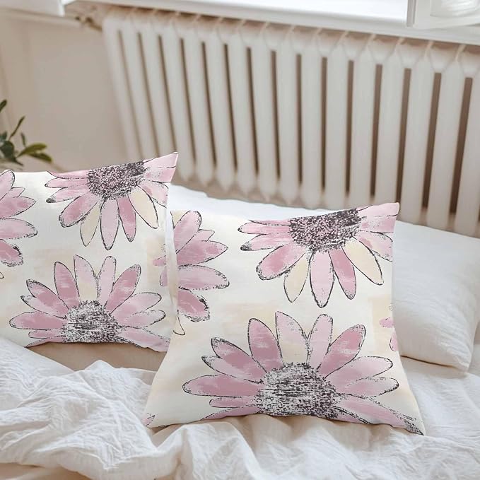 Vandarllin Outdoor Throw Pillows Covers 24x24 inch Set of 2 Waterproof Pink Sunflower Decorative Zippered Cushion Covers for Patio Furniture, Flower Field Lumbar Pillowcases