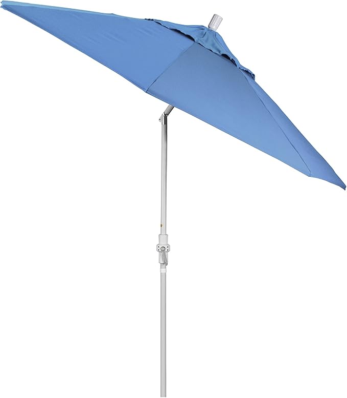 California Umbrella 9' Round Aluminum Market Umbrella, Crank Lift, Collar Tilt, White Pole, Forest Blue Olefin
