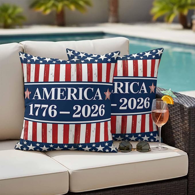 Outdoor Pillow Covers Waterproof, 250 Year American Anniversary Flag Decorative Square Throw Pillowcases Patio Cushion Covers for Tent/Garden, 20" x 20" 2 Pack, Blue Red USA