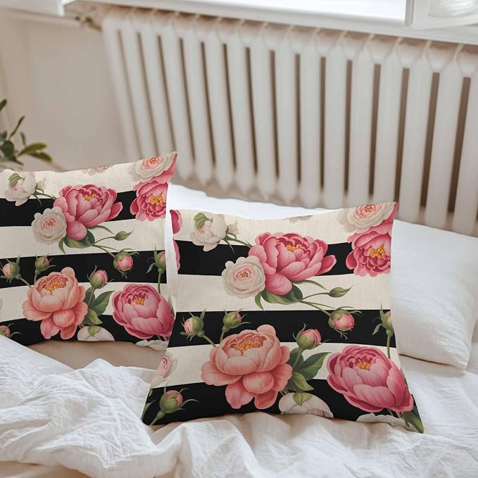 Outdoor Waterproof Throw Pillow Covers Set of 2 Pink Peony Rose Pillowcases 16x16 Inches Floral Black Stripes Linen Decorative Pillows Cushion Case Patio Pillows for Couch Bed Chair Garden