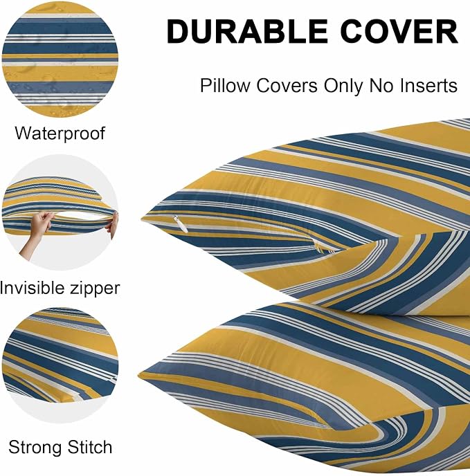 Outdoor Waterproof Throw Pillow Covers Set of 2 Blue Yellow Stripes Lines Pillowcases 18x18 Inches Classic Striped Decorative Pillows Cushion Case Patio Pillows for Couch Bed Chair Garden