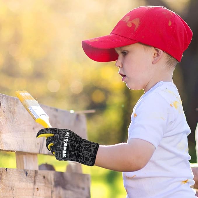 Kids Work Gloves, Sheepskin Leather Palm(Black, XS, 1-2 Years Old) | Toddler 1-2Y, Reflective, Breathable Fabric Back, Flexible, Hand Protection, Kids Gardening Gloves for Yard Work, Outdoor
