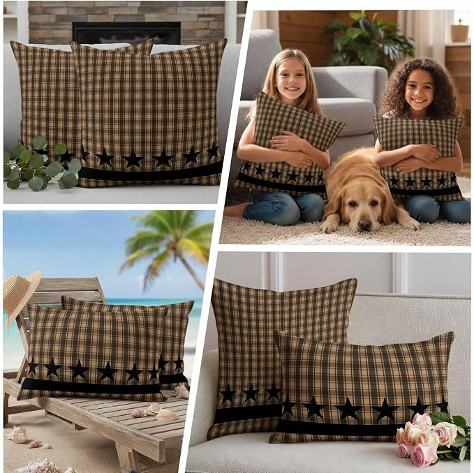 Brown Black Plaid Waterproof Outdoor Pillow Covers Set of 2 Home Decor Vintage Rustic Star Buffalo Check Pillowcase Patio Pillow Covers for Couch Bench Furniture Garden 20x20in