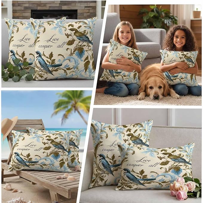 Vintage Bird Flower Outdoor Waterproof Throw Pillow Covers Set of 2, 24"x24", Watercolor Green Blue Floral Decorative Pillow Covers Outside Cushion Case for Patio Porch Garden