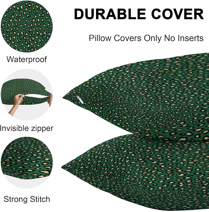 Vandarllin Outdoor Throw Pillows Covers 20x12 inch Set of 2 Waterproof Green Leopard Print Decorative Zippered Cushion Covers for Patio Furniture, Luxury Animal Fur Pattern Lumbar Pillowcases