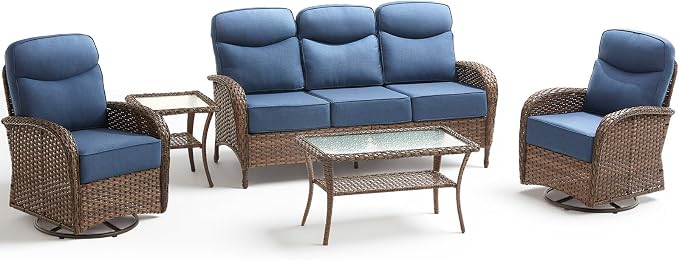 5 Pieces Luxury Patio Furniture Sets with 6-Inch Thick Cushions, High Back Swivel Outdoor Rocking Chairs Set of 2 with Multifunctional Ottoman, Wicker Conversation Set for Porch Garden, Blue