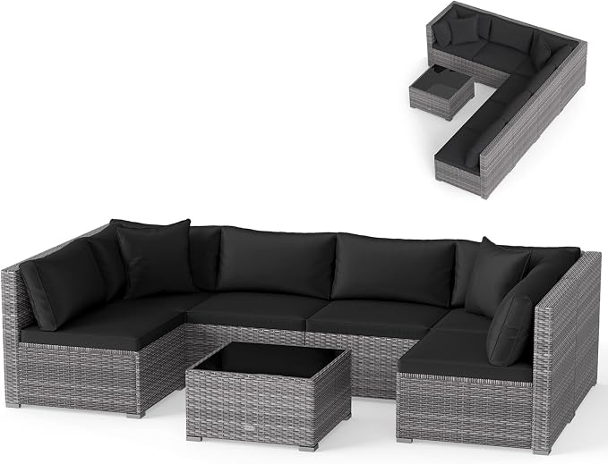 DORTALA 7 Pieces PE Rattan Patio Furniture Set, All-Weather Wicker Conversation Set W/Soft Cushions & Pillows, Coffee Table, Outdoor Sectional Sofa Set for Balcony, Poolside, Backyard, Black