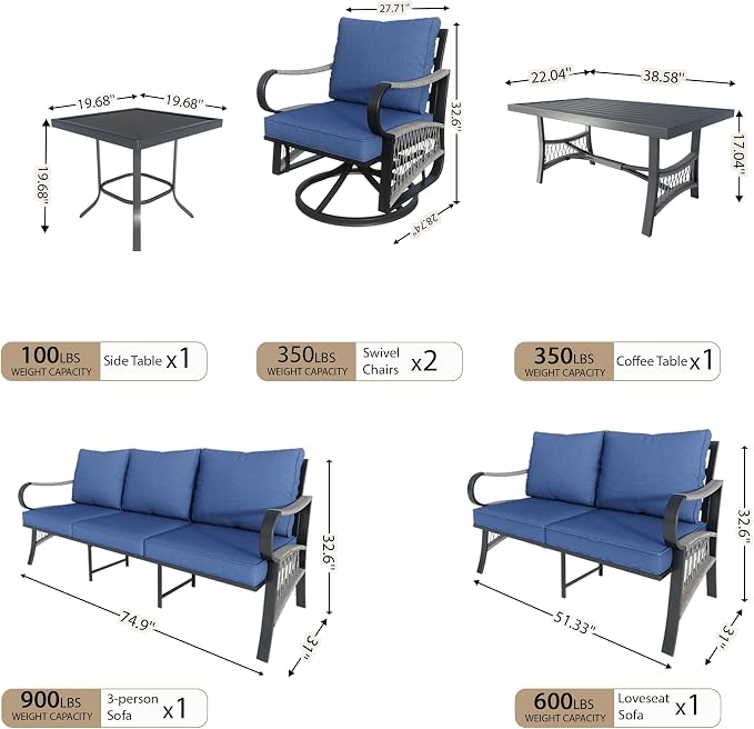 6 Pieces Patio Furniture Set, Metal Outdoor Conversation Sets with Swivel Chairs, Modern Couch Sofa Seating Group with Coffee Table and Side Table (Thick Blue Cushions)