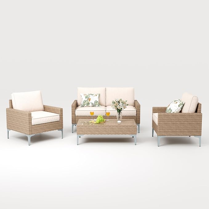 JOYURE 4-Piece Patio Furniture Set,Outdoor Wicker Patio Conversation Set with Tempered Glass Table,All-Weather Rattan Sectional Loveseat&Chairs with Thick Cushions for Garden,Deck,Backyard-Beige
