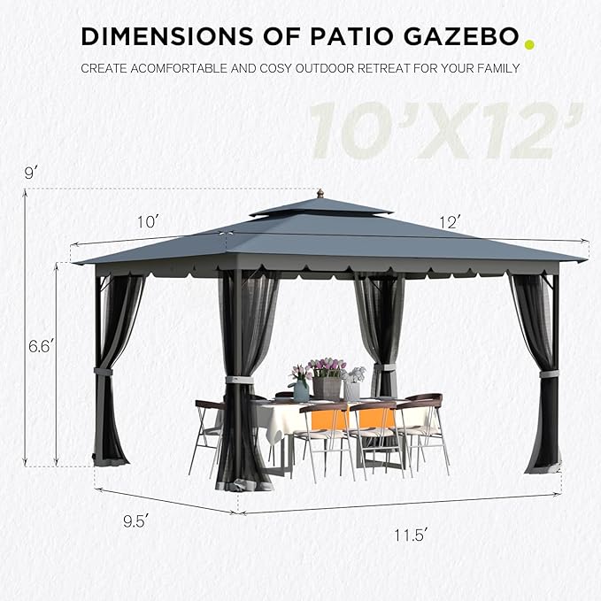 Bezseller 10x12 Outdoor Patio Gazebo with Powder-Coated Metal Frame - Stable Double-Tier Canopy with Zip Mesh Sidewalls for Backyard Dining & Entertaining, Grey
