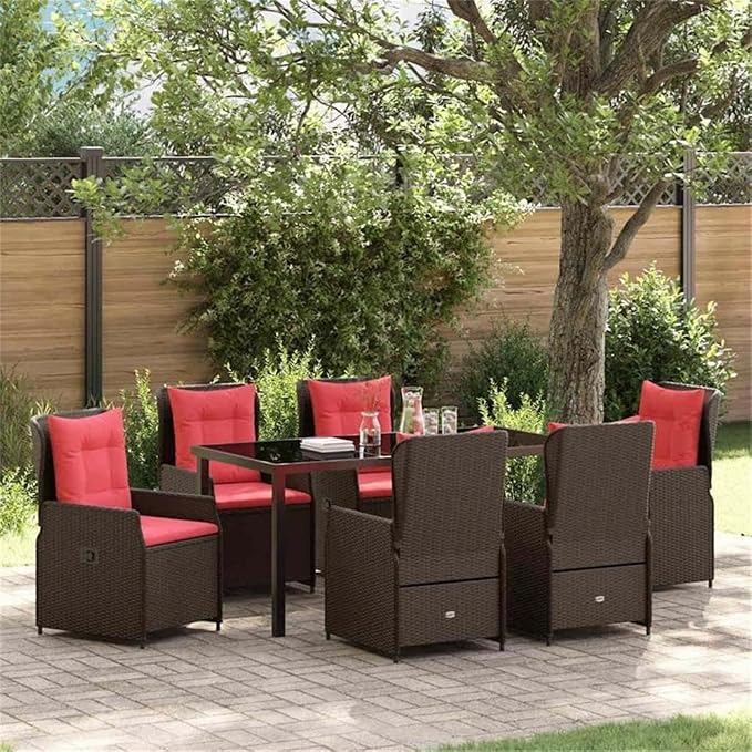 Afuera Living 7 Piece Poly Rattan Patio Dining Set, Brown Finish, Weather-Resistant Material, Powder-Coated Steel Frame, Adjustable Armrests, Seating for 6, Modern Outdoor Garden or Poolside Furniture