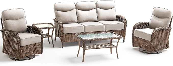 Luxury Outdoor Patio Furniture Set with 6-Inch Thick Cushions, 5 Pieces Wicker Outdoor Furniture with High Back Swivel Patio Chairs Set of 2, Outdoor Conversation Set for Deck Garden Porch, Beige