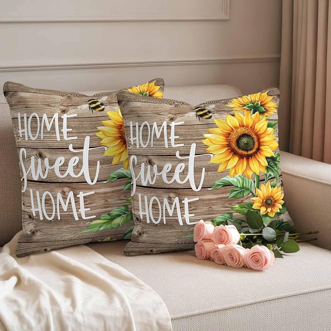 Throw Pillow Covers 18x18 Inch Set of 2, Sunflower Brown Waterproof Outdoor Pillow Covers, Farmhouse Bee Country Wooden Grain Decorative Cushion Pillowcases for Couch, Sofa, Bed, Garden, Patio
