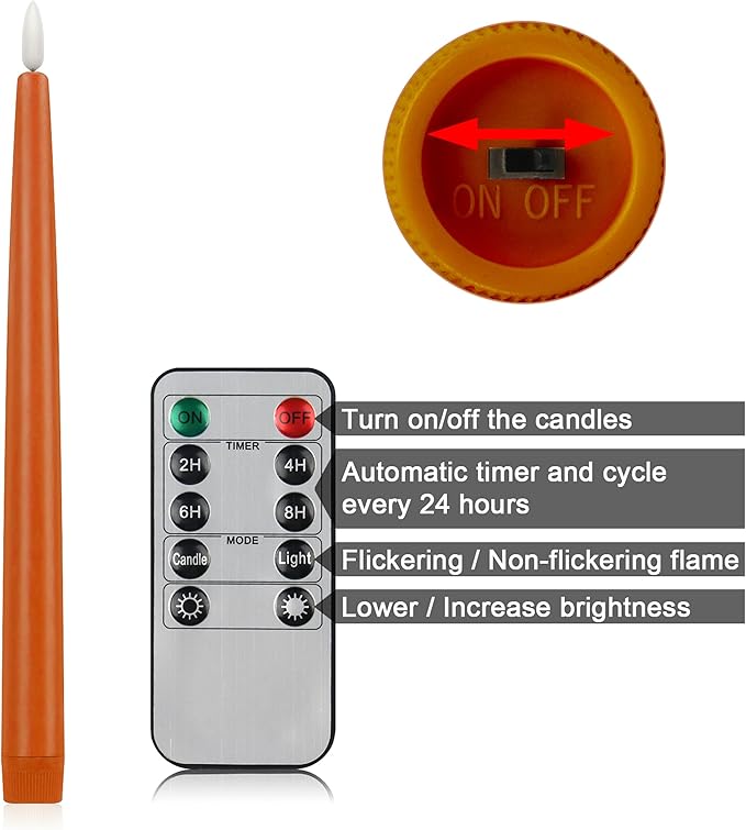 CVHOMEDECO. Flameless Taper Candles with 10-Key Remote, Battery Operated Led Flickering 3D Wick Window Candles Real Wax Finished Home Christmas Party Decor 0.78 x 11 Inch, Pack of 3, Orange