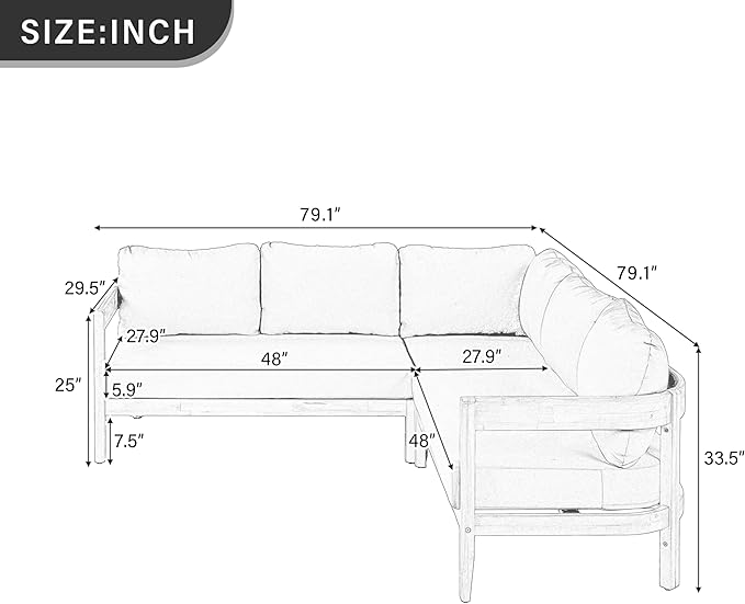 Acacia Wood L-shaped Outdoor Corner Sofa, Patio Conversation Furniture Set With 6 Soft Seat Cushions and Backpack , All Weather Outdoor Patio Sofa with Arc frame for Backyard, Garden (White-3.20)